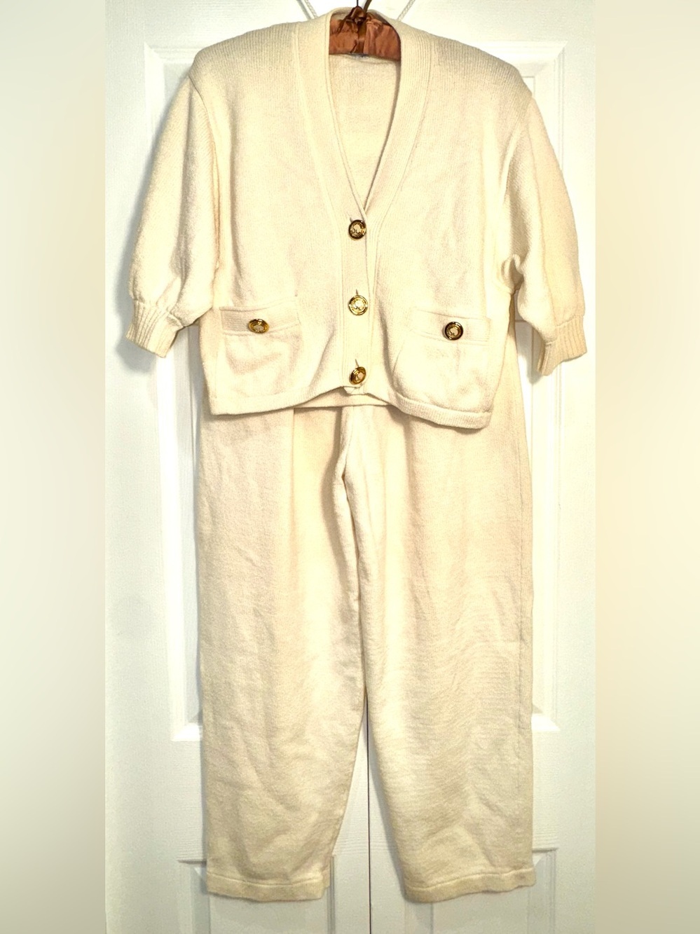 Vintage St. John Separates Cream Knit Cardigan & Pants Set L/8 USA